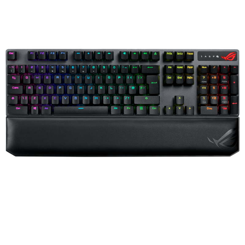 ASUS ROG Strix Scope NX Wireless Deluxe Black ASUS ROG Strix Scope NX RGB Wireless Deluxe gaming mechanical keyboard with tri-mode connectivity, ROG NX Red/Blue/Brown mechanical switches, PBT keycaps, an aluminum frame, a magnetic wrist rest, & an extended Ctrl key for FPS precision- Black - Image 1